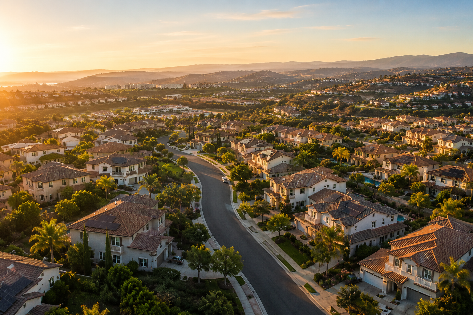 Aerial view of San Diego neighborhood at sunset — homeowners insurance costs rising in 2026